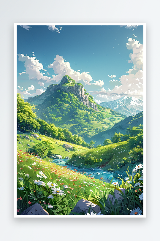 大山绿草地小溪景色-众图网