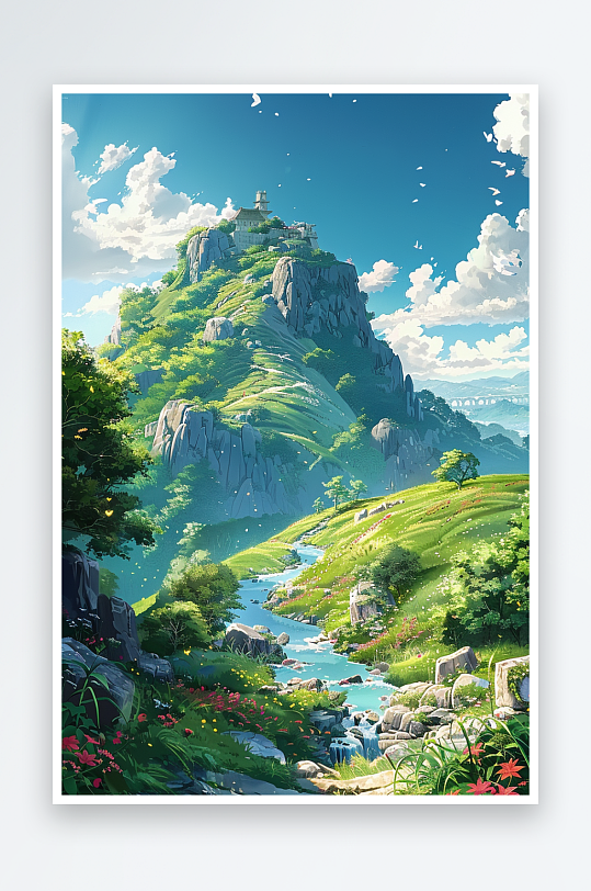 大山绿草地小溪景色-众图网