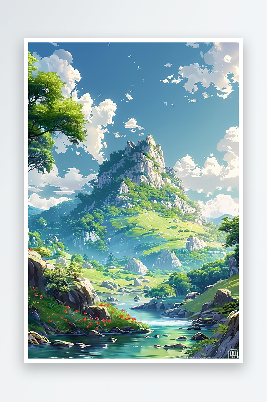 大山绿草地小溪景色-众图网