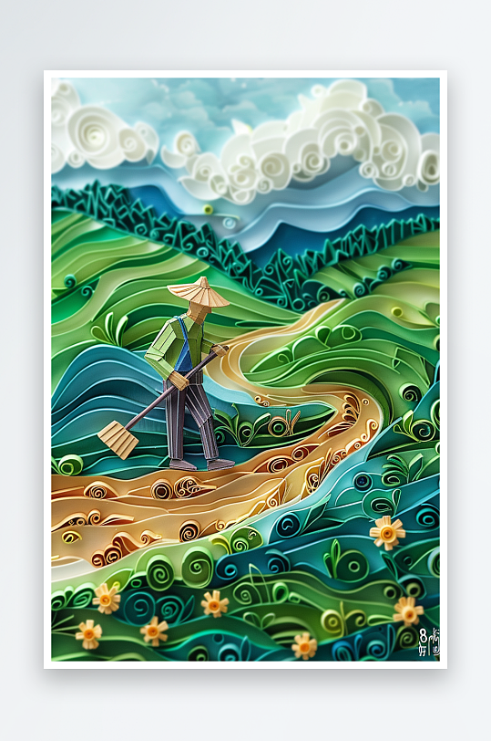 创意微距田里干活的农民-众图网