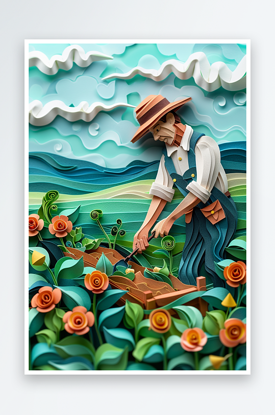 创意微距田里干活的农民-众图网