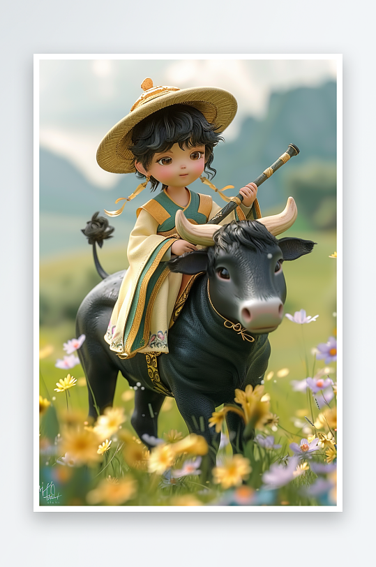骑着牛吹笛子的小孩-众图网