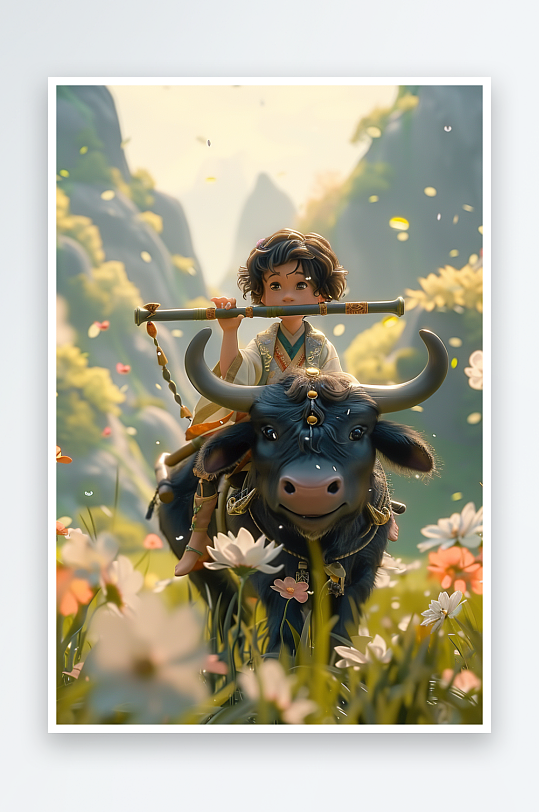 骑着牛吹笛子的小孩-众图网