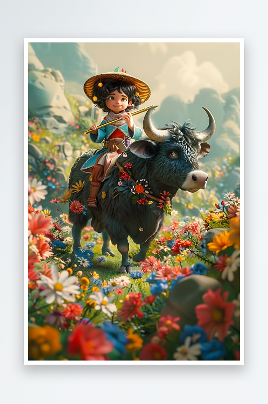 骑着牛吹笛子的小孩-众图网