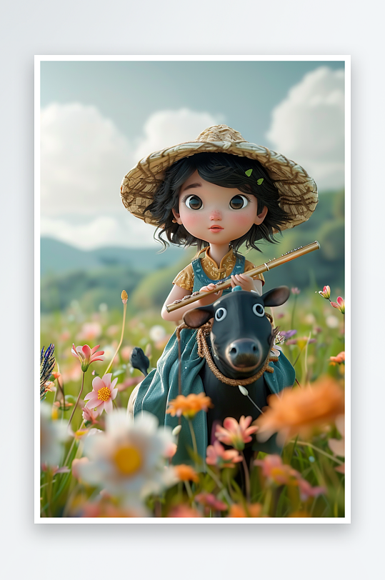 骑着牛吹笛子的小孩-众图网