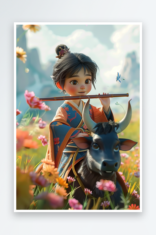 骑着牛吹笛子的小孩-众图网