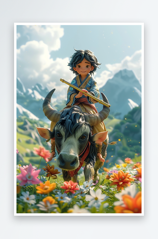 骑着牛吹笛子的小孩-众图网