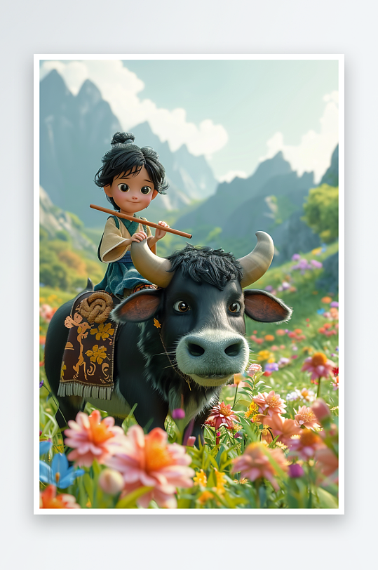 骑着牛吹笛子的小孩-众图网