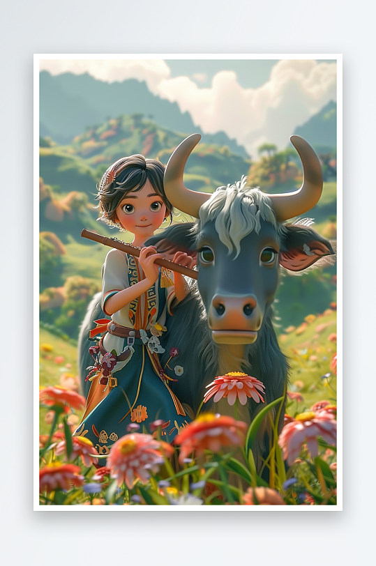 骑着牛吹笛子的小孩-众图网