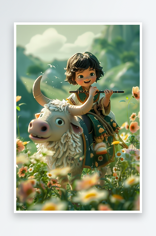骑着牛吹笛子的小孩场景-众图网