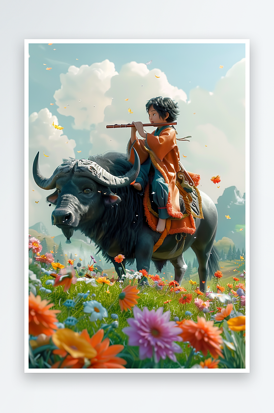 骑着牛吹笛子的小孩场景-众图网