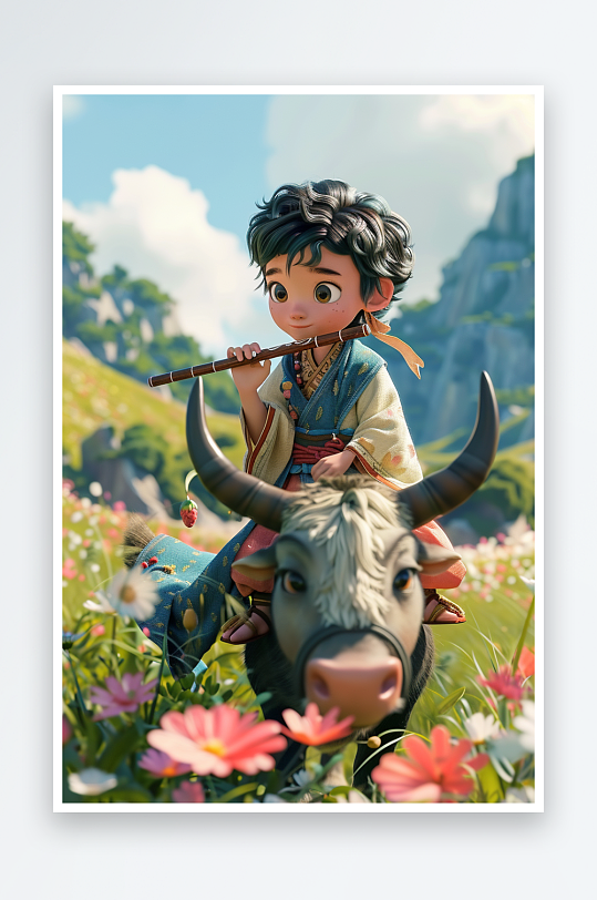 骑着牛吹笛子的小孩场景-众图网