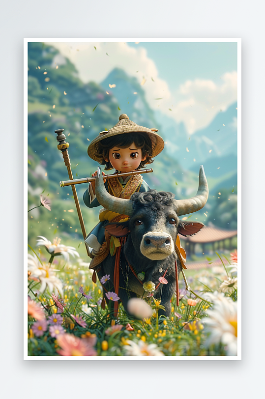 骑着牛吹笛子的小孩场景-众图网