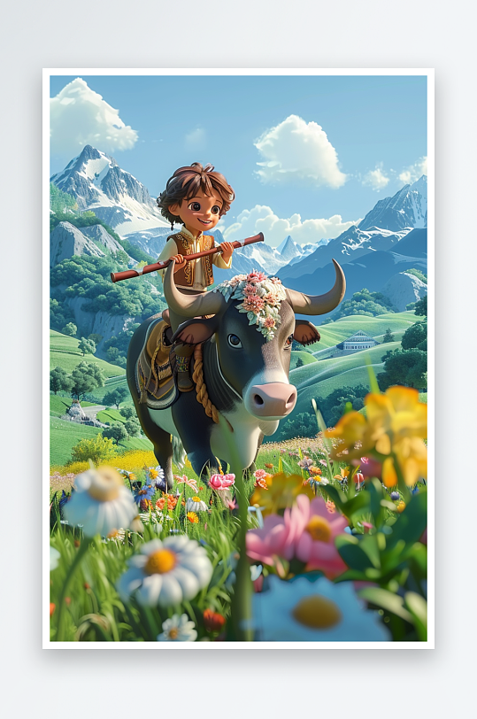 骑着牛吹笛子的小孩场景-众图网