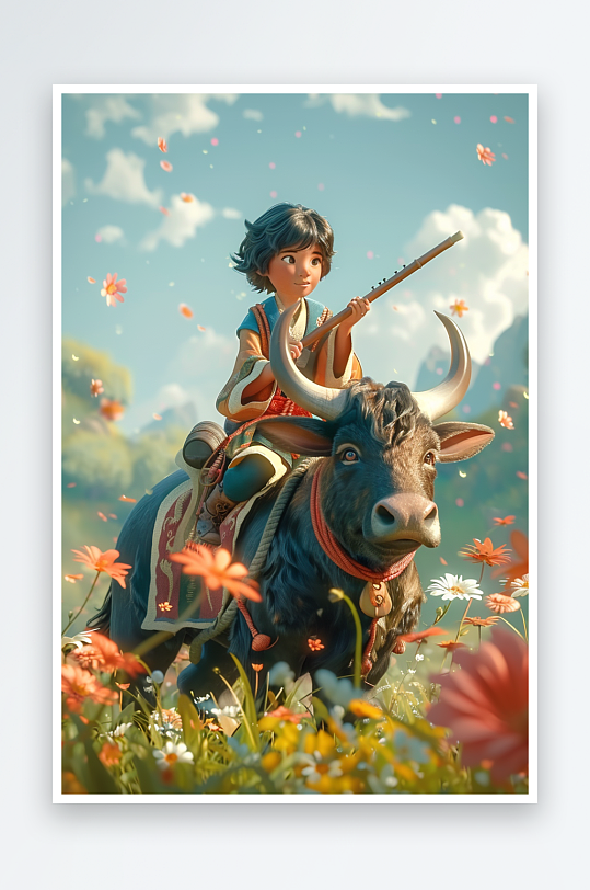 骑着牛吹笛子的小孩场景-众图网