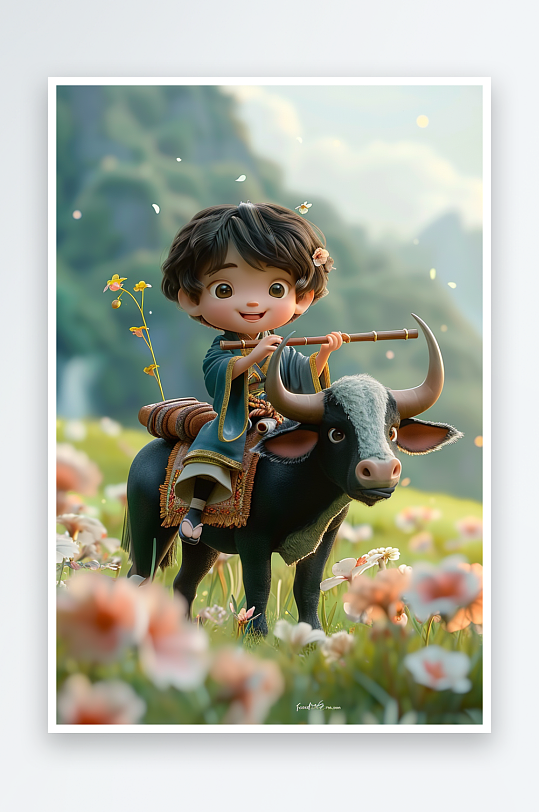 骑着牛吹笛子的小孩场景-众图网
