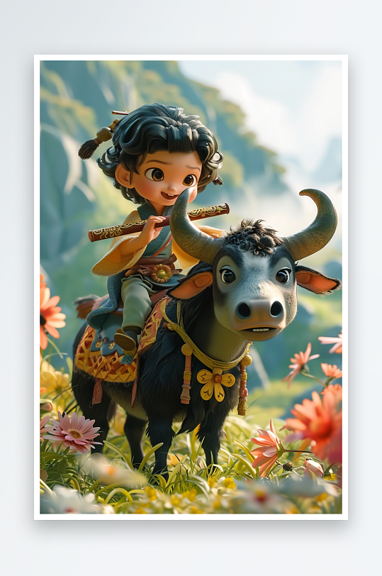 骑着牛吹笛子的小孩场景-众图网