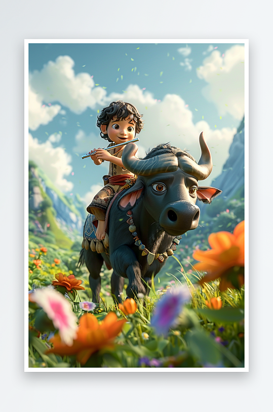 骑着牛吹笛子的小孩场景-众图网