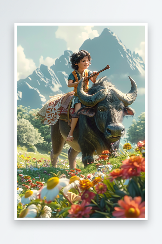 骑着牛吹笛子的小孩场景-众图网