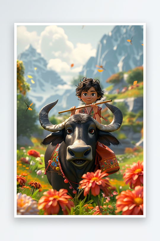 骑着牛吹笛子的小孩场景-众图网
