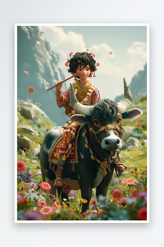 骑着牛吹笛子的小孩场景-众图网