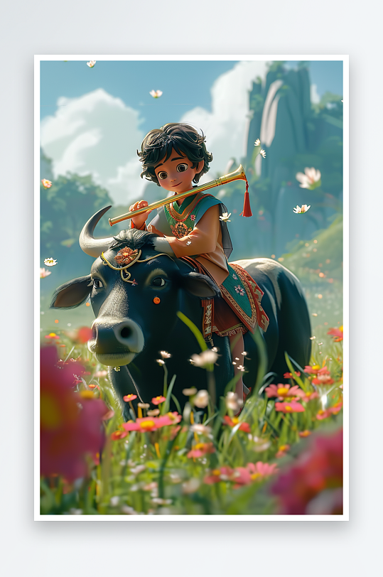 骑着牛吹笛子的小孩场景-众图网