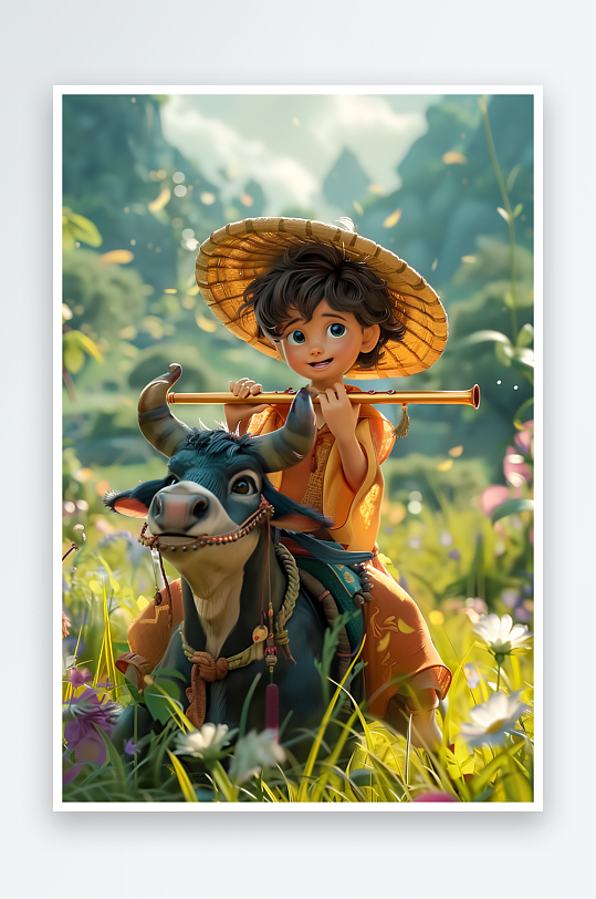 骑着牛吹笛子的小孩-众图网