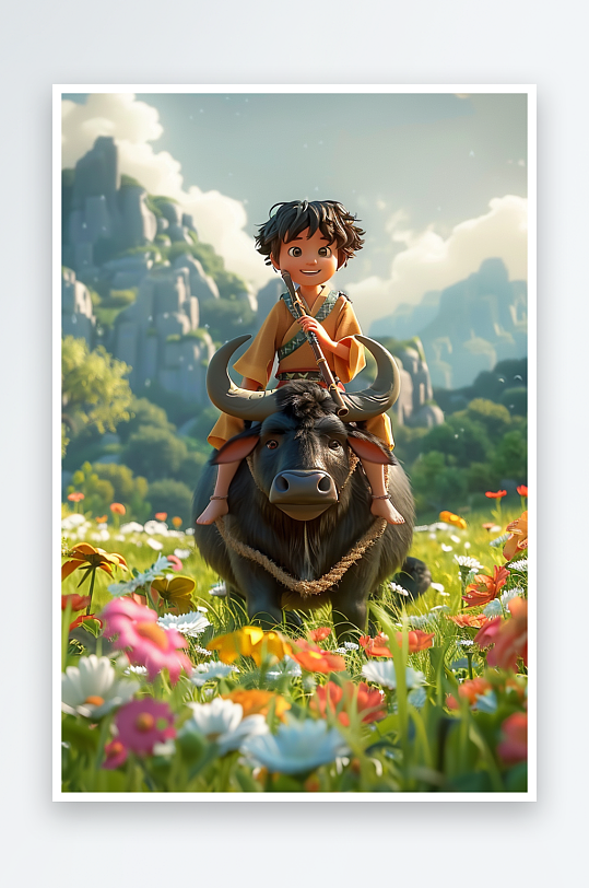 骑着牛吹笛子的小孩-众图网