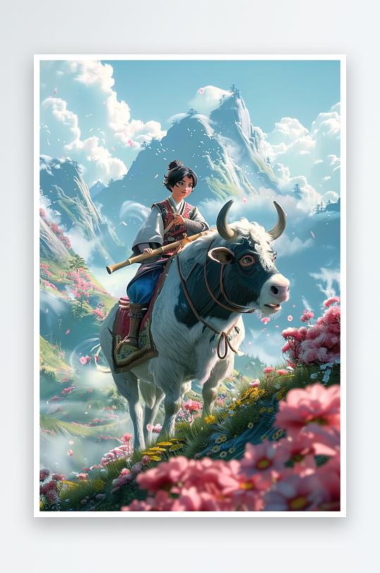 骑着牛吹笛子的小孩-众图网