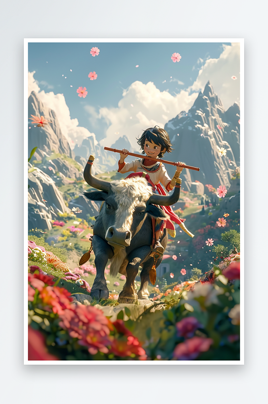 骑着牛吹笛子的小孩-众图网