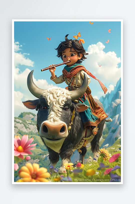 骑着牛吹笛子的小孩-众图网