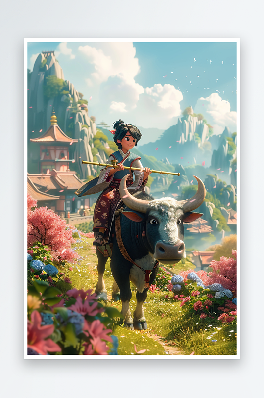 骑着牛吹笛子的小孩-众图网