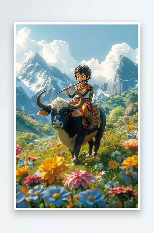 骑着牛吹笛子的小孩-众图网