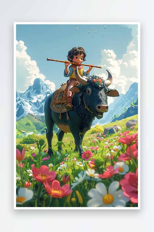 骑着牛吹笛子的小孩-众图网
