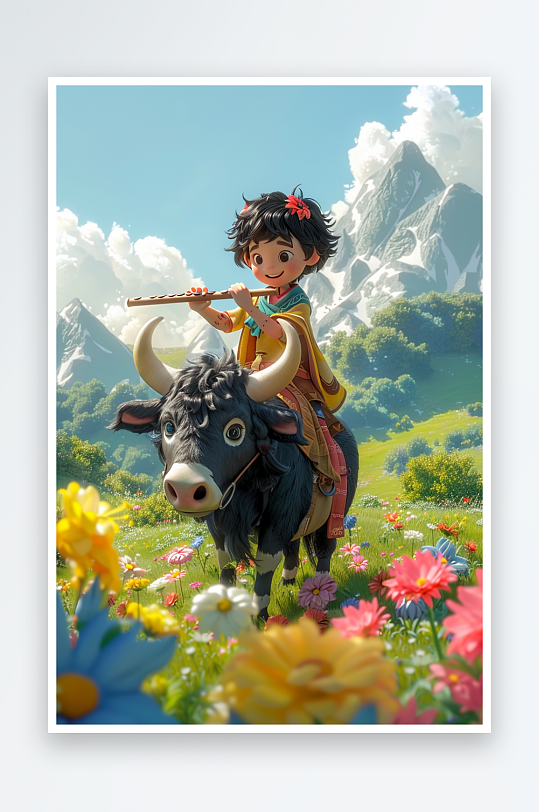骑着牛吹笛子的小孩-众图网