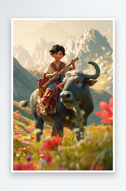 骑着牛吹笛子的小孩-众图网