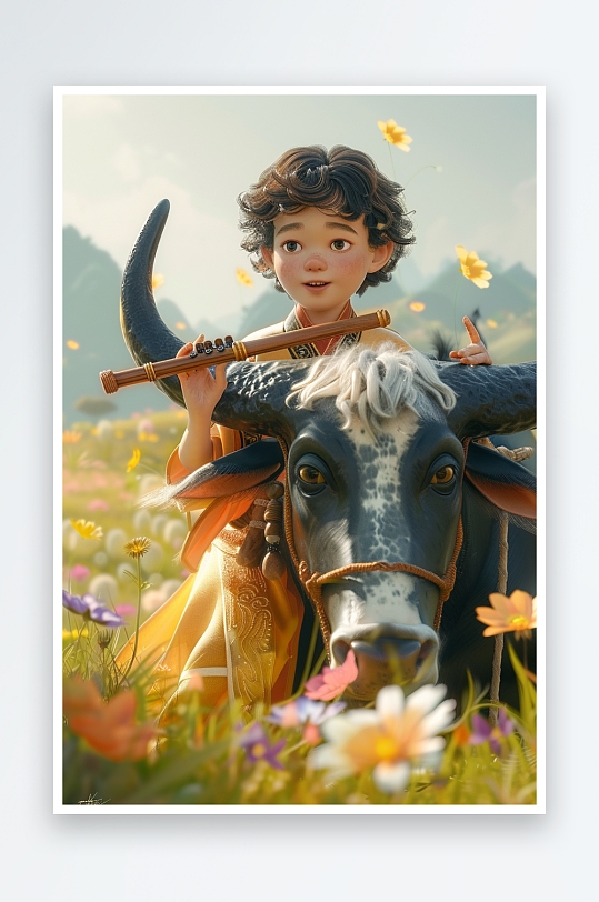 骑着牛吹笛子的小孩-众图网