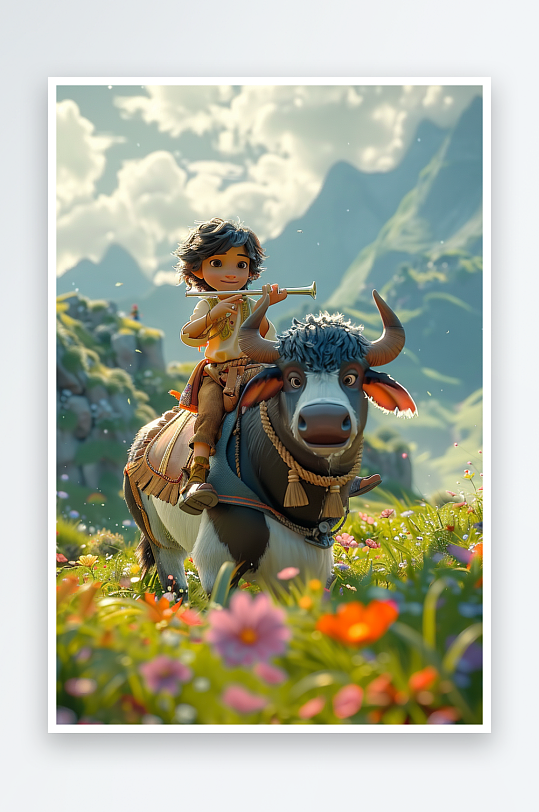 骑着牛吹笛子的小孩-众图网