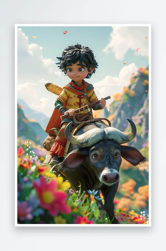 骑着牛吹笛子的小孩-众图网