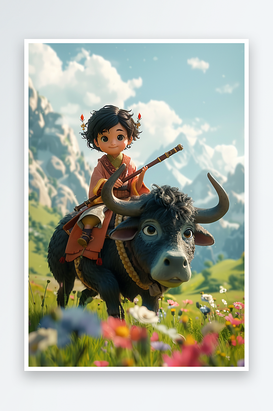 骑着牛吹笛子的小孩-众图网
