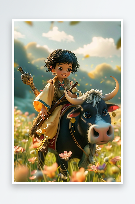 骑着牛吹笛子的男孩-众图网