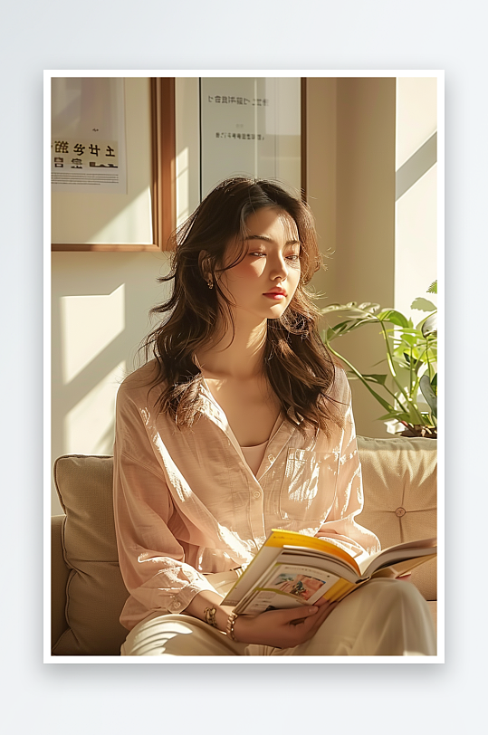 坐在沙发上看书的女人-众图网
