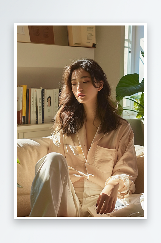 坐在沙发上看书的女人-众图网