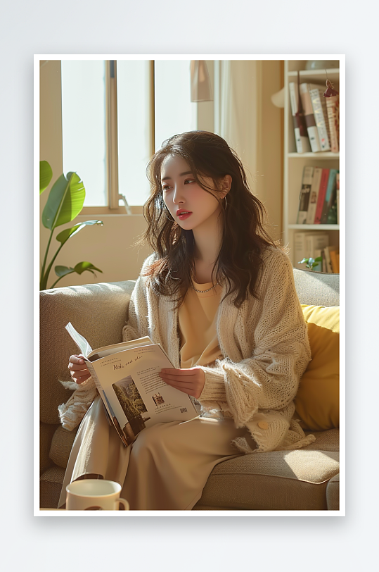 坐在沙发上看书的女人-众图网