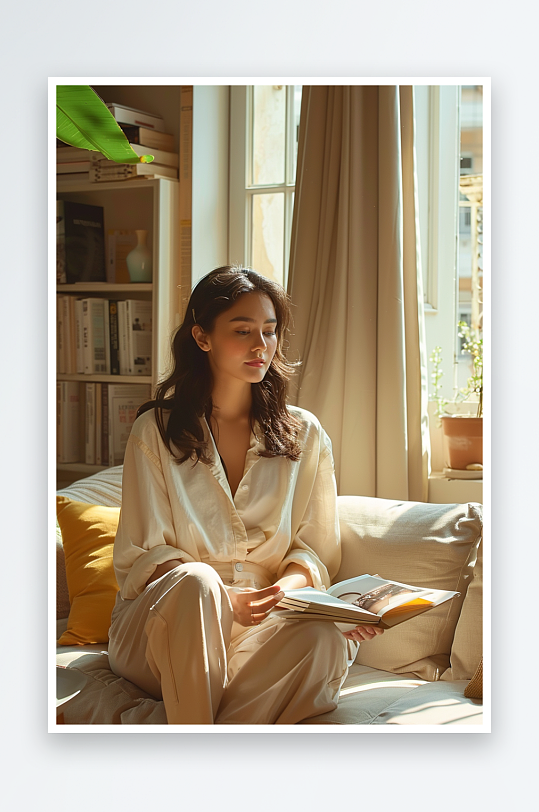 坐在沙发上看书的女人-众图网