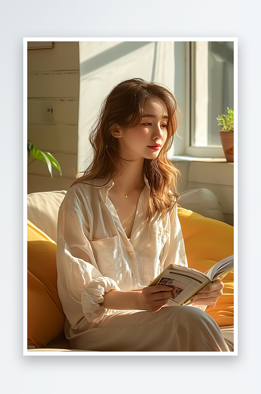 坐在沙发上看书的女人-众图网
