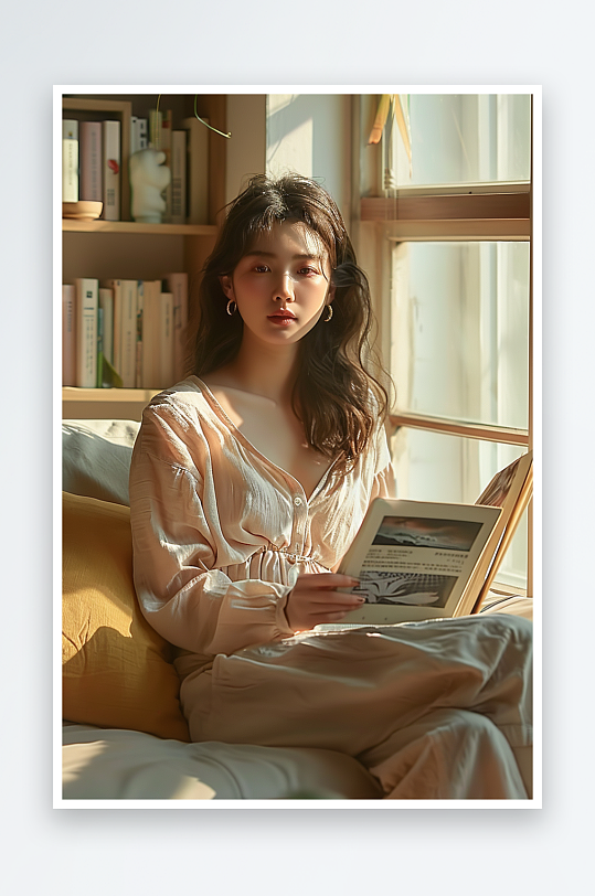 坐在沙发上看书的女人-众图网