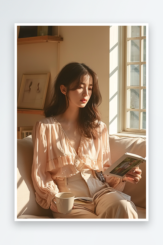 坐在沙发上看书的女人-众图网