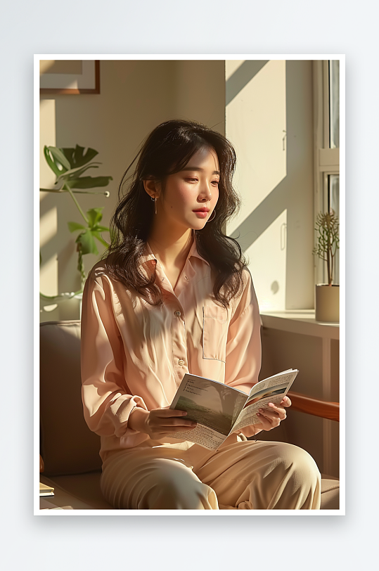 坐在沙发上看书的女人-众图网