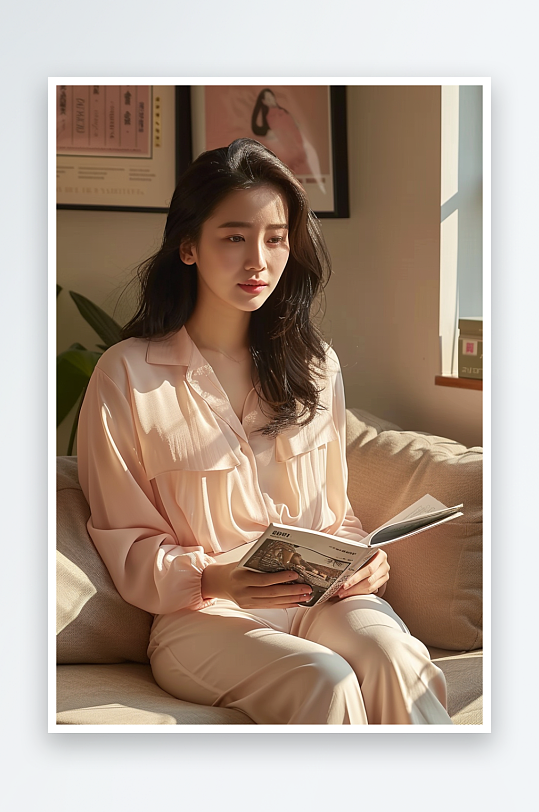 坐在沙发上看书的女人-众图网